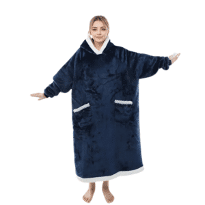 Ontdek de lange blauwe Snuggle, een unisex hoodie deken voor volwassene.