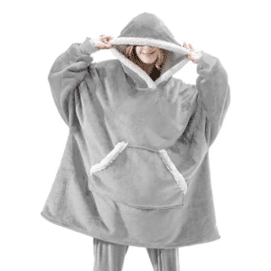 Ontdek de comfortabele licht grijze Snuggle, een unisex hoodie deken voor volwassene.